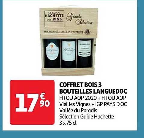 coffret bois 3 bouteilles languedoc fitou aop 2020 + fitou aop vieilles vignes + igp pays d'oc vallée du paradis