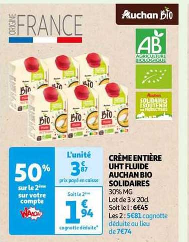 crème entière uht fluide auchan bio solidaires