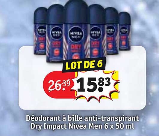 déodorant à bille anti-transpirant dry impact nivea men 6 x 50 ml