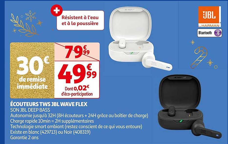écouteurs tws jbl wave flex son jbl deep bass