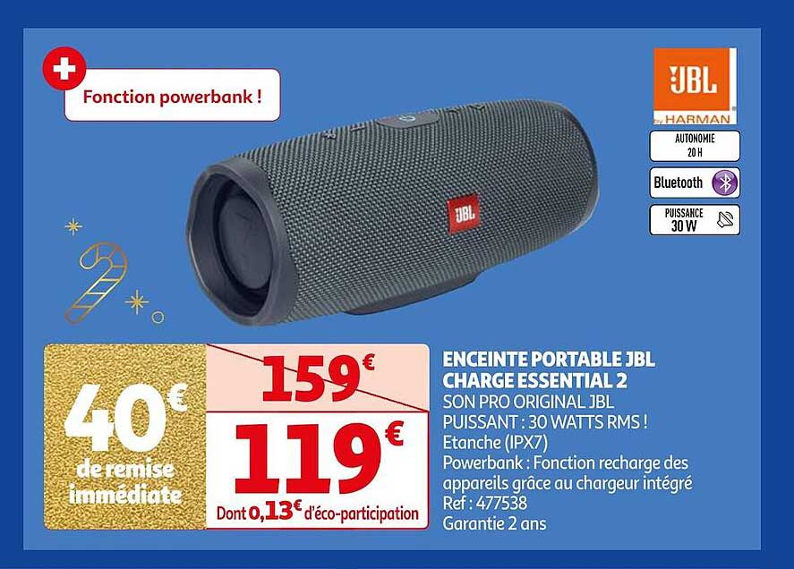 enceinte portable jbl charge essential 2 son pro original jbl puissant : 30 watts rms !