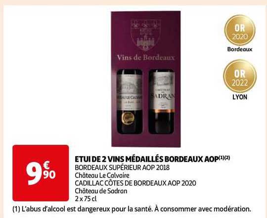 étui de 2 vins médaillés bordeaux aop bordeaux supérieur aop 2018 château le calvaire cadillac côtes de bordeaux aop 2020 château de sadran