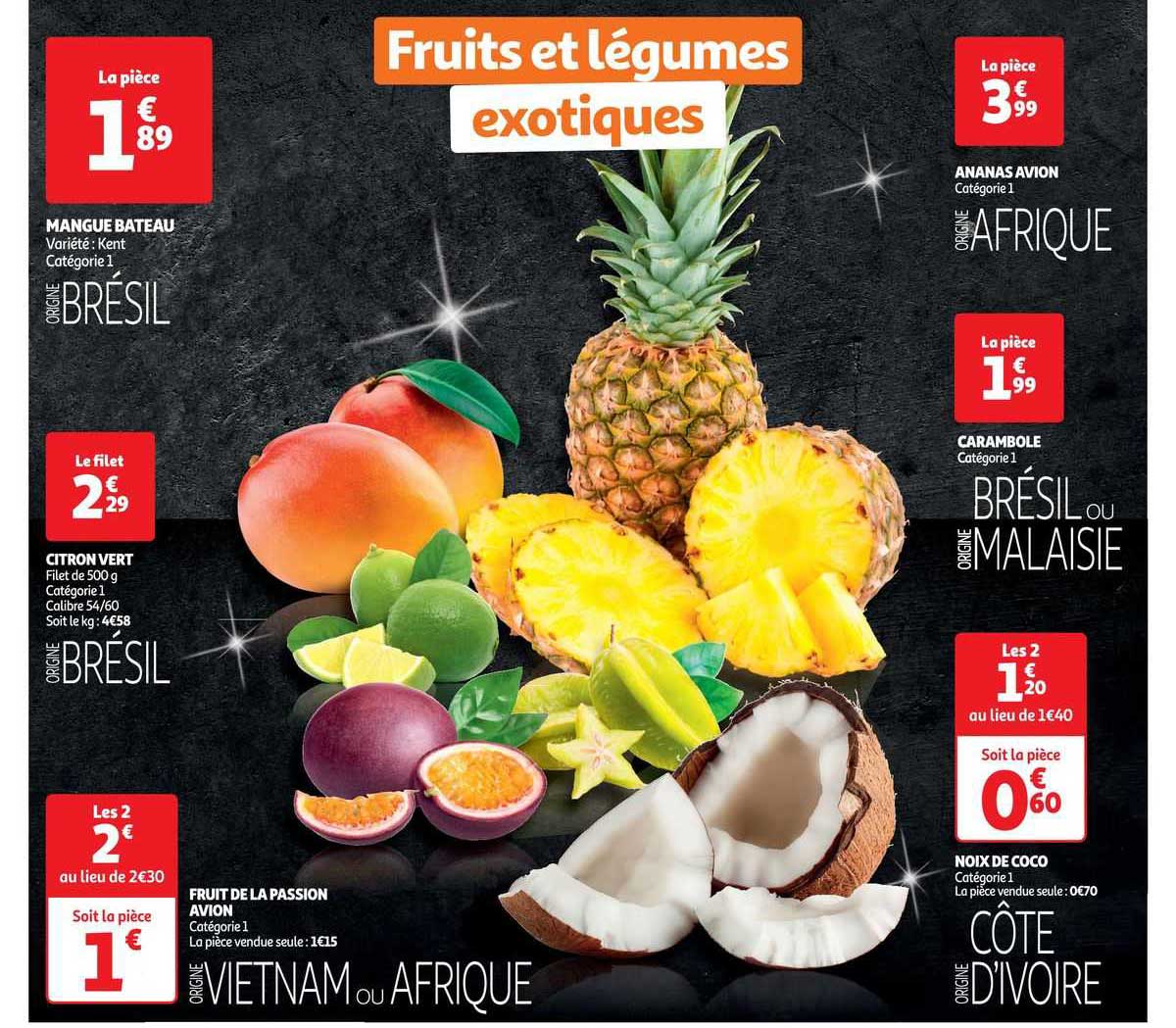 mangue bateau, citron vert, fruit de la passion avion, ananas avion, carambole, noix de coco