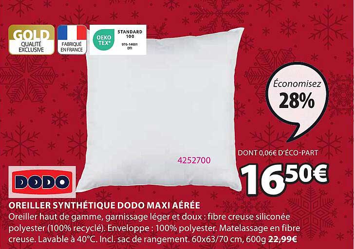 oreiller synthétique dodo maxi aérée