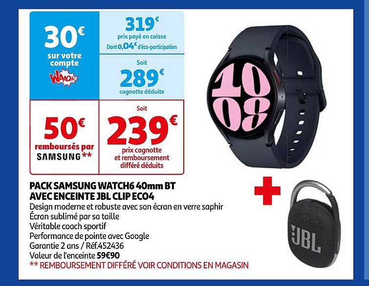 pack samsung watch6 40mm bt avec enceinte jbl clip eco4