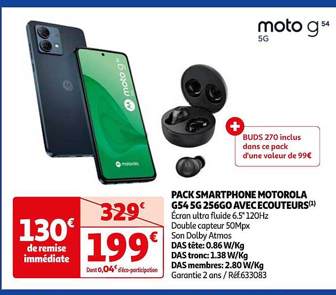 pack smartphone motorola g54 5g 256go avec écouteurs