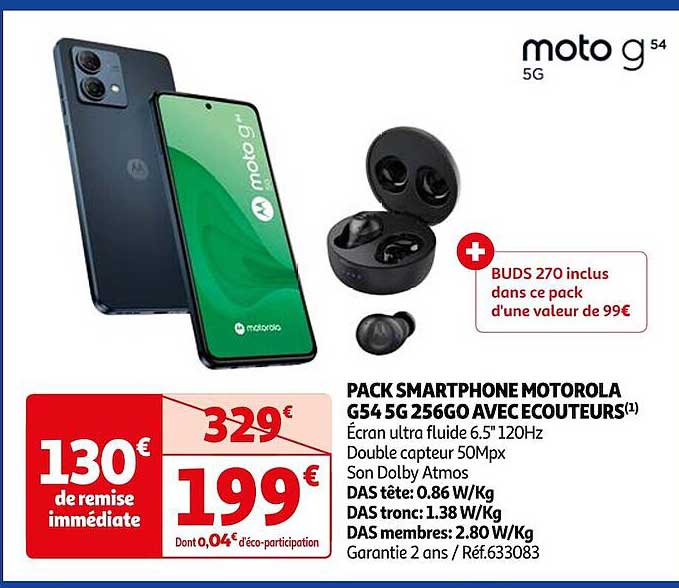 pack smartphone motorola g54 5g 256go avec écouteurs