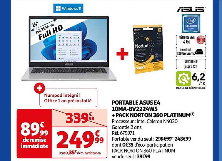 portable asus e4 10ma-bv2224ws + pack norton 360 platinum