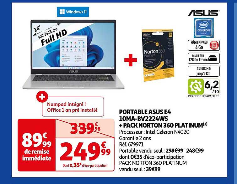 portable aus e4 10ma-bv2224ws + pack norton 360 platinum