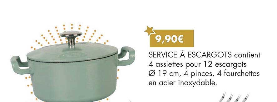 service à escargots contient 4 assiettes pour 12 escargots ø 19 cm 4 pinces 4 fourchettes en acier inoxydable