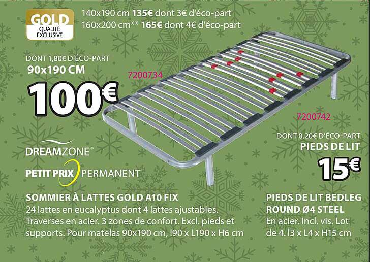 sommier à lattes gold a10 fix, pieds de lit bedleg round ø 4 steel