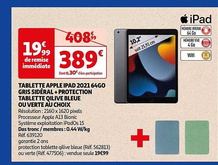 tablette apple ipad 2021 64go gris sidéral + protection tablette qilive bleue ou verte au choix