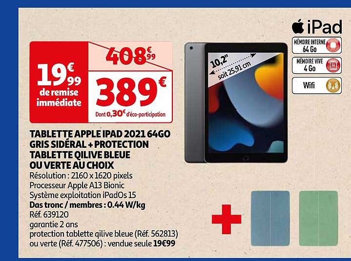 tablette appleipad 2021 64go gris sidéral + protection tablette qilive bleue ou verte au choix
