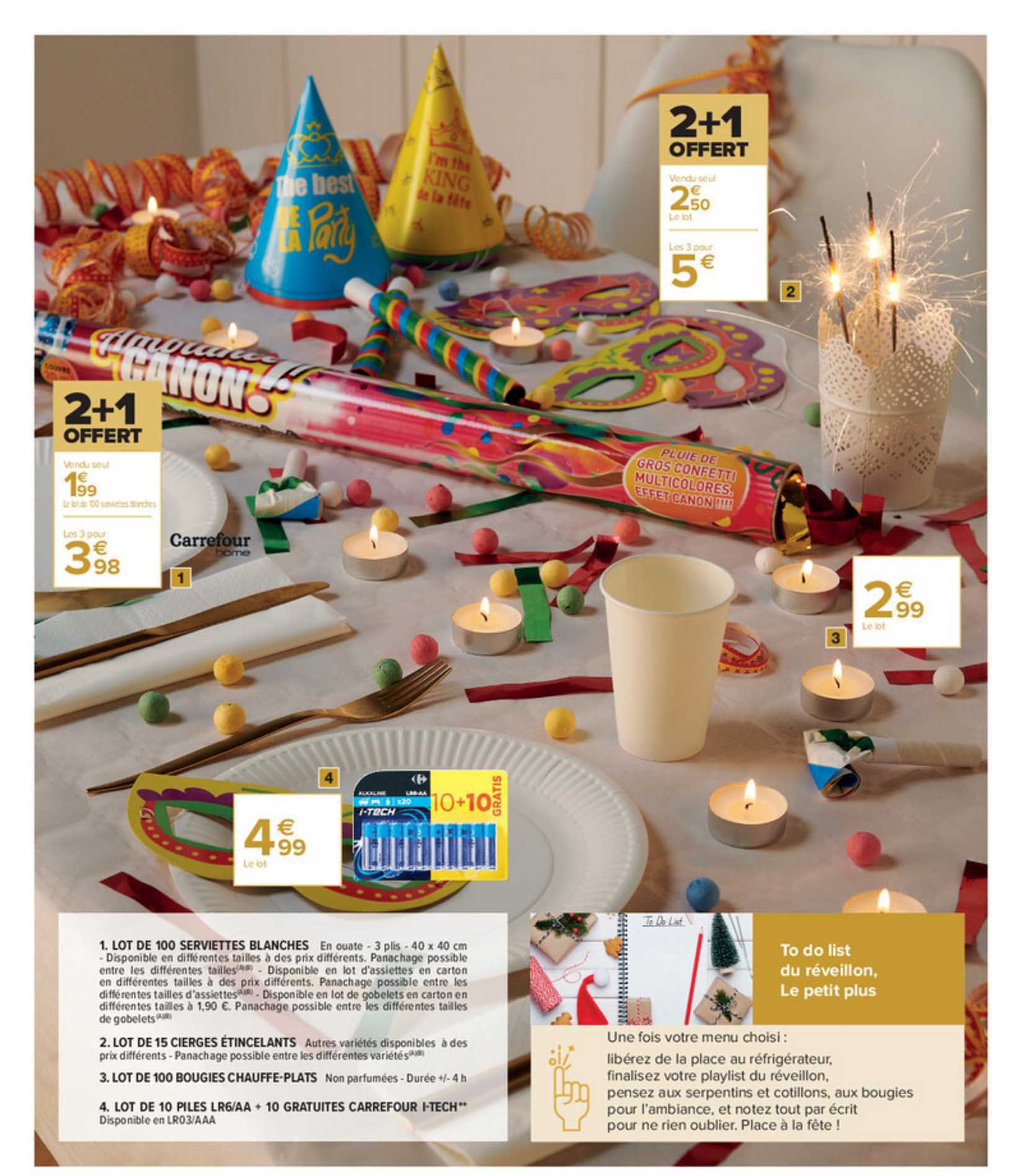 lot de 100 serviettes blanches , lot de 15 cierges intécelants, lot de 100 bougies chauffe-plats , lot de 10 piles lrg-aa i-tech