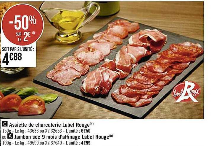 assiette de charcuterie label rouge, jambon sec 9 mois d'affinage label rouge