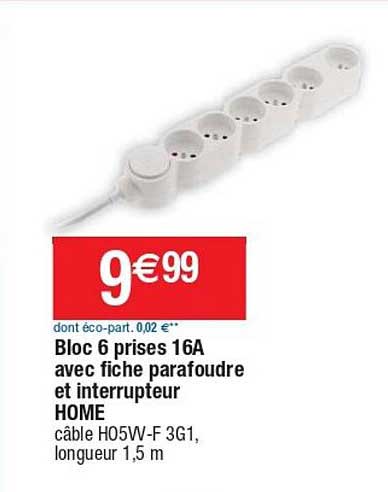 bloc 6 prises 16a avec fiche parafoudre et interrupteur home