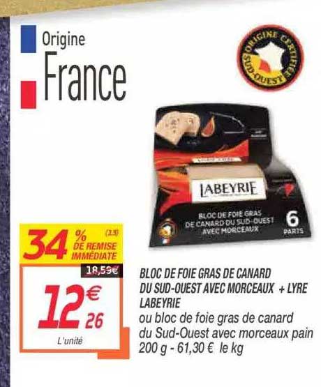 bloc de foie gras de canard du sud-ouest avec morceaux +lyre labeyrie 34% de remise immédiate