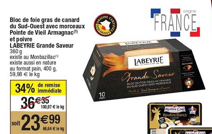 bloc de foie gras de canard du sud-ouest avec morceaux pointe de vieil armagnac et poivre labeyrie grande saveur