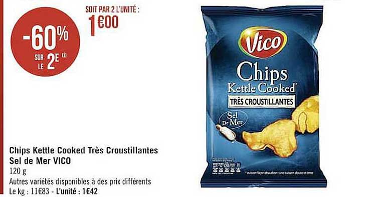 chips kettle cooked très croustillantes sel de mer vico -60% sur le 2e