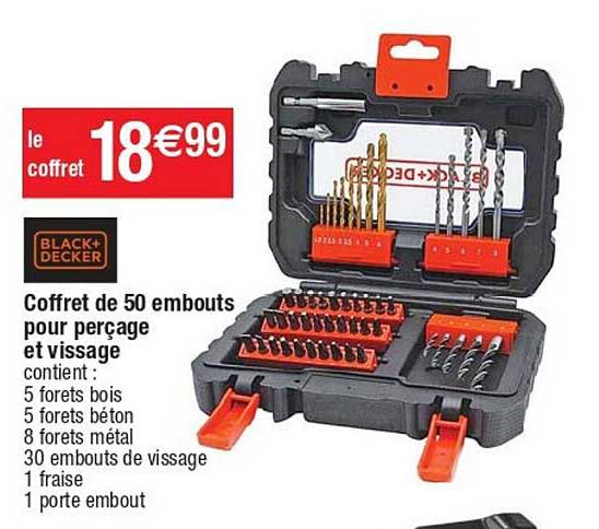 coffret de 50 embouts pour perçage et vissage black+decker