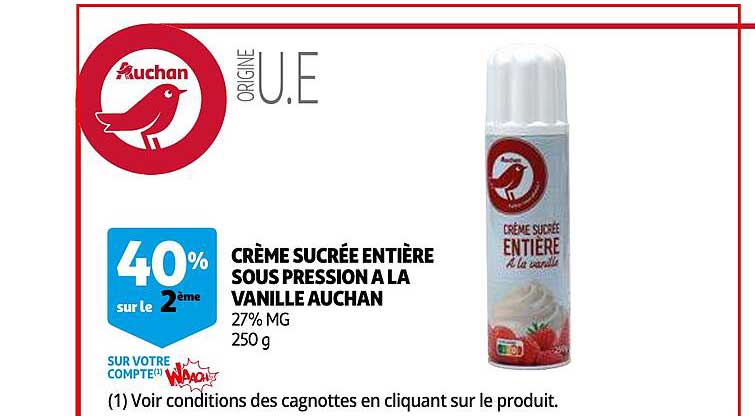 crème sucrée entière sous pression à la vanille auchan