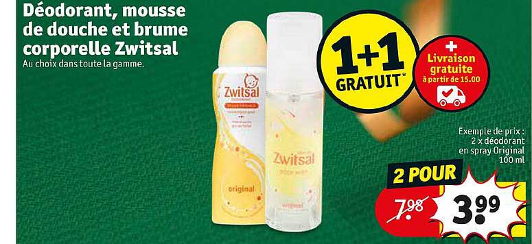 déodorant mousse de douche et brume corporelle zwitsal 1+1 gratuit