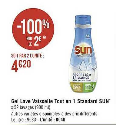 gel lave vaisselle tout en 1 standard sun -100% sur le 2e