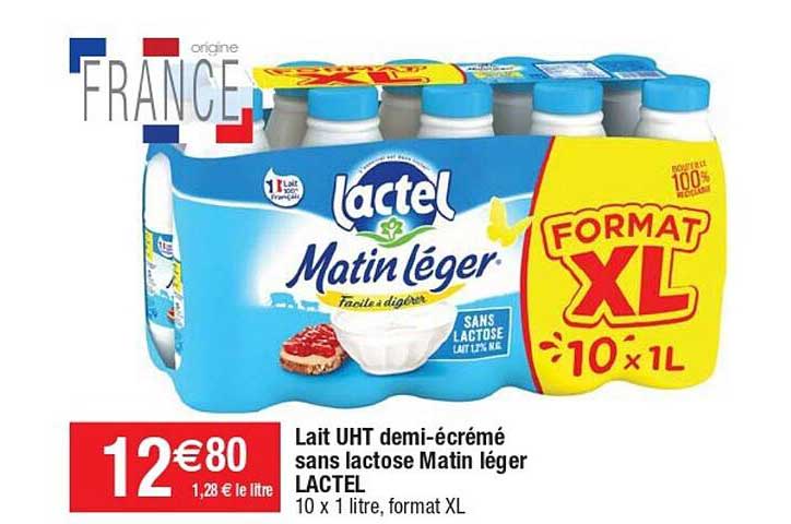 lait uht demi-écrémé sans lactose matin léger lactel