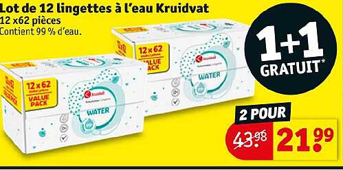 lot de 12 lingettes à l'eau kruidvat 1+1 gratuit