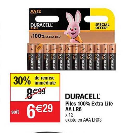 piles 100% extra life aa lr6 duracell