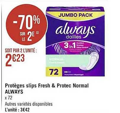 protèges slips fresh & protec normal always -70% sur le 2e