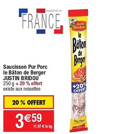 saucisson pur porc le bâton de berger justin bridou