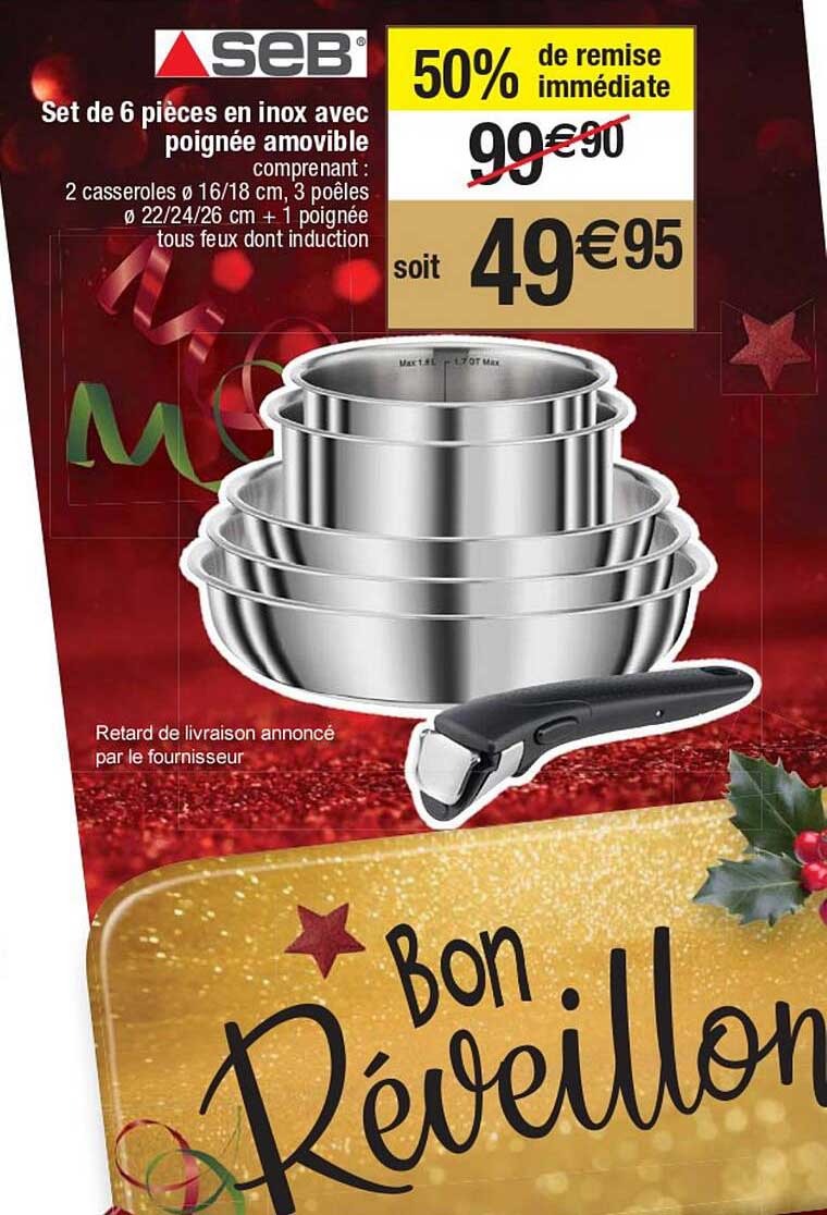 set de 6 pièces en inox ave poignée amovible seb