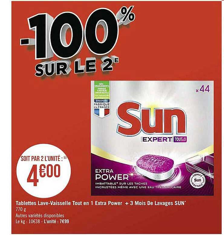 Tablettes Lave-vaisselle Tout En 1 Extra Power + 3 Mois De Lavages Sun