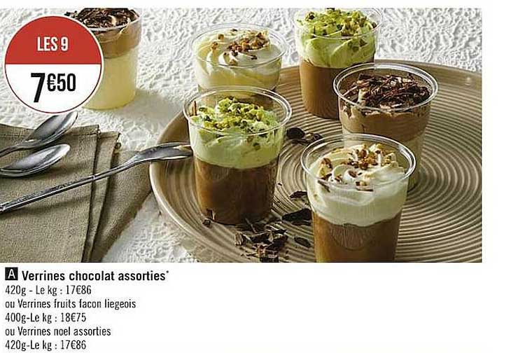 verrines chocolat assorties, ou verrines fruits façon liégeois ou verrines noël assorties