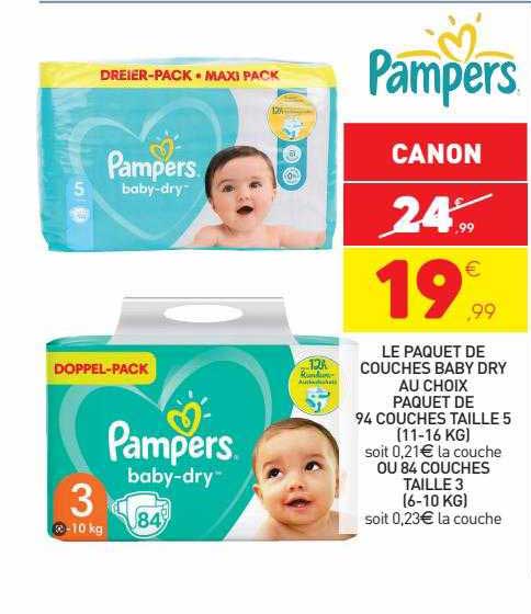 Le Paquet De Couches Baby Dry Au Choix Paquet De 94 Couches Taille 5 (11-16 Kg) Ou 84 Couches Taille 3 (6-10 Kg) Pampers