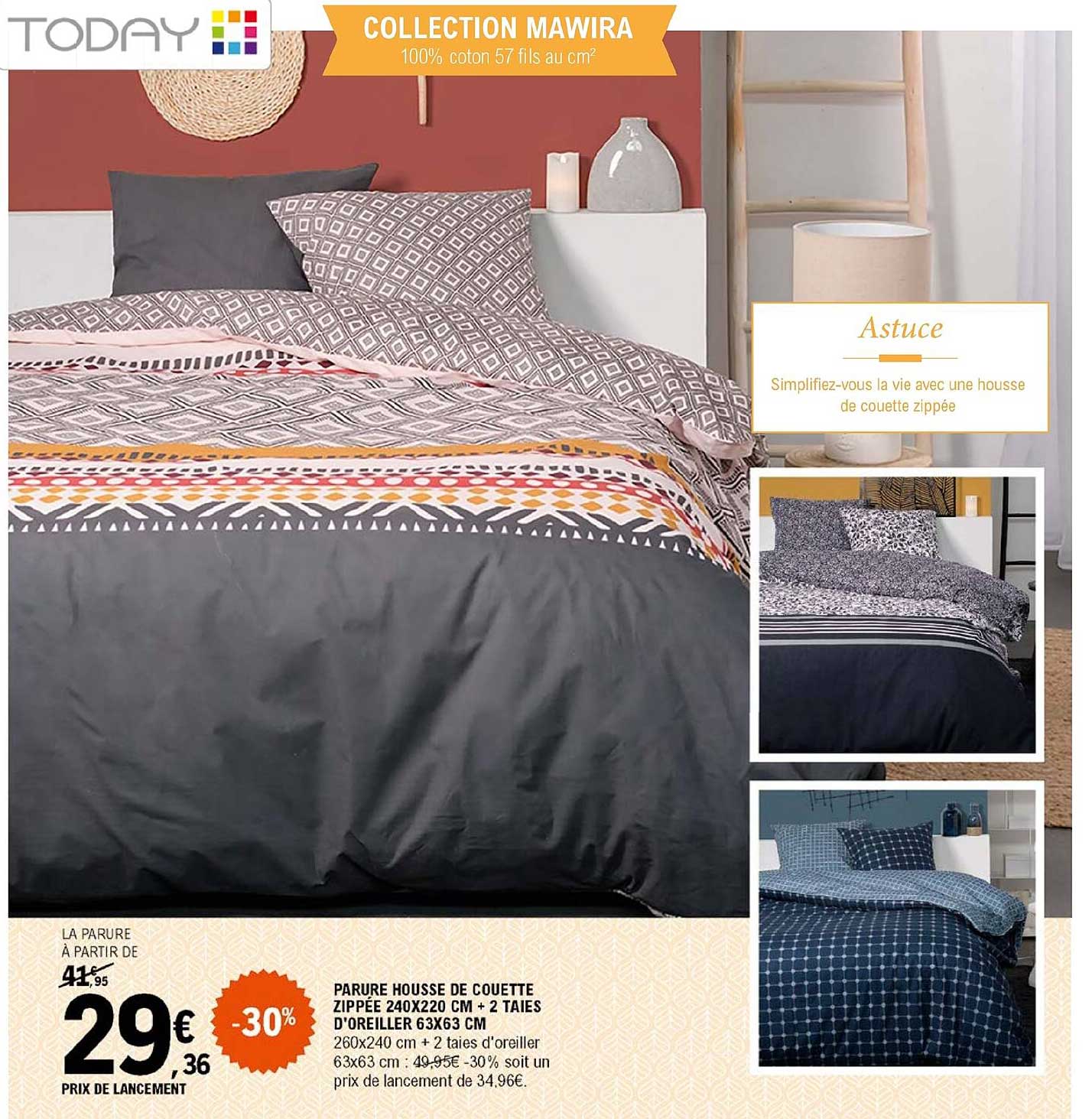 parure housse de coeutte zippée 240 x 200 cm + 2 taies d'oreiller 63 x 63 cm today