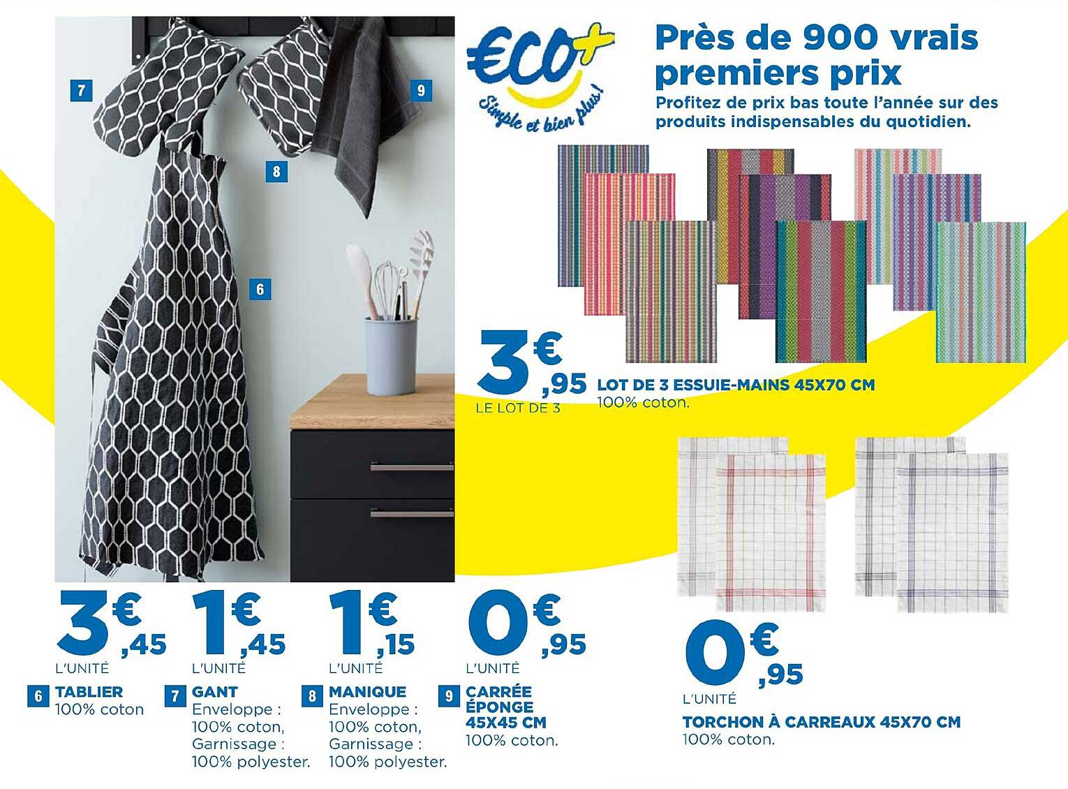 tablier, gant, manique, carrée éponge 45 x 45 cm, torchon à carreaux 45 x 70 cm, lot de 3 essuie-mains 45 x 70 cm