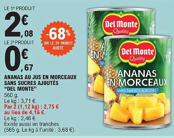 ananas au jus en morceaux sans sucres ajoutés "del monte"