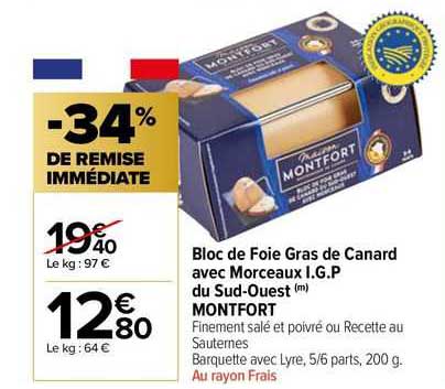 bloc de foie gras de canard avec morceaux i.g.p. du sud-ouest montfort