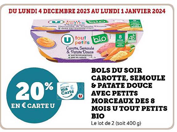 bols du soir carotte, semoule & patate douce avec petits morceaux dès 8 mois u tout petits bio