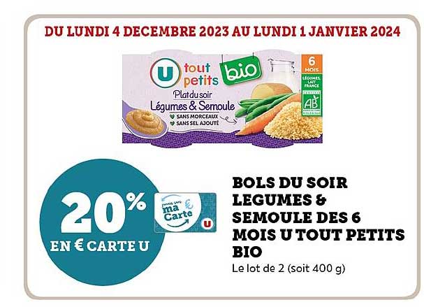 bols du soir légumes & semoule dès 6 mois u tout petits bio