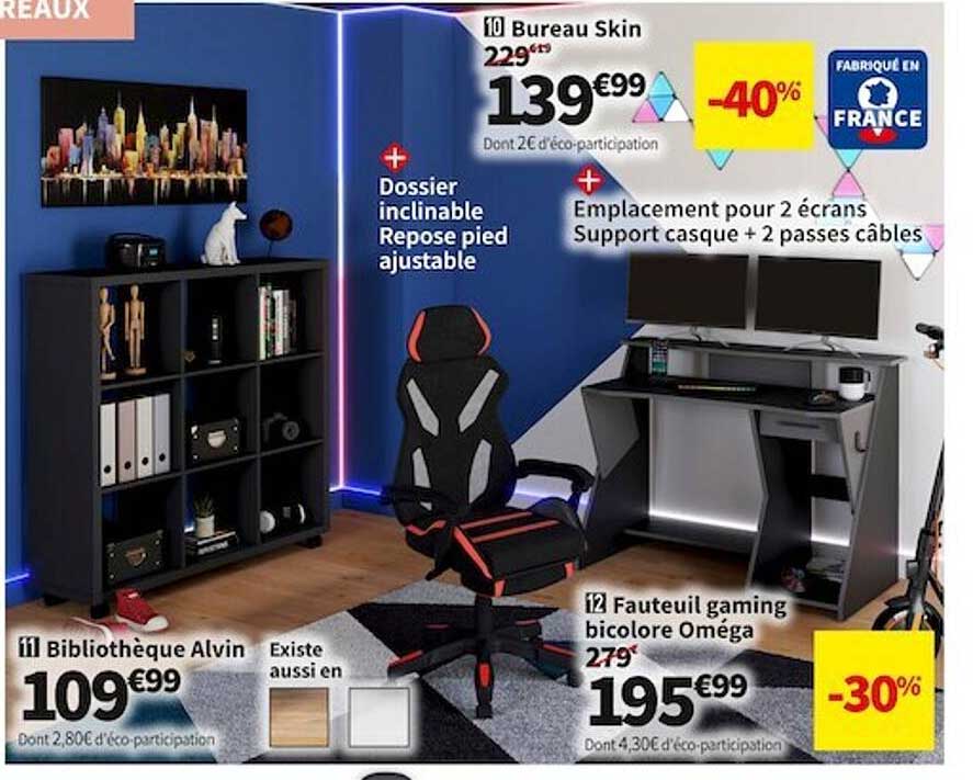 Bureau Skin, Bibliothèque Alvin, Fauteuil Gaming Bicolore Oméga