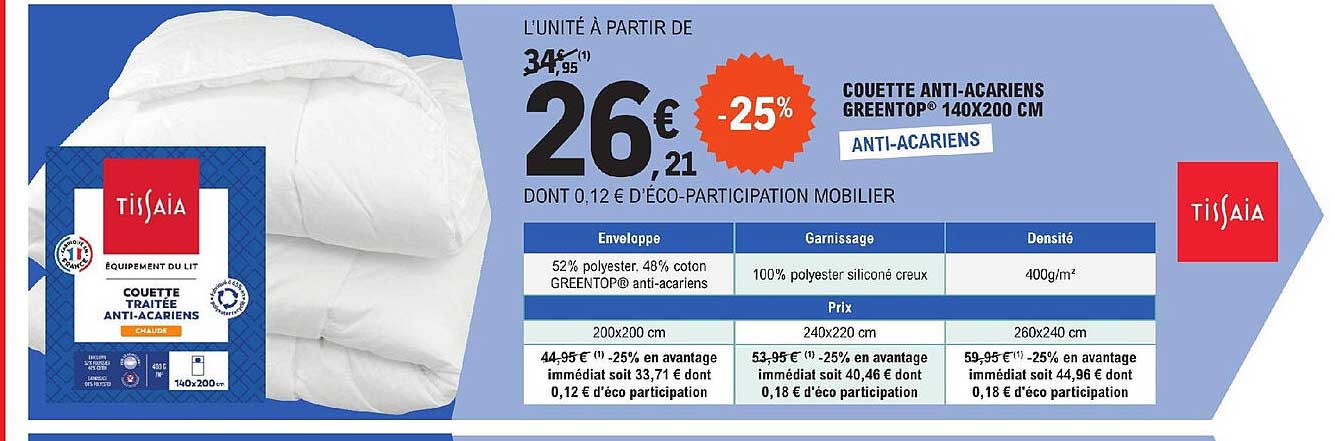 couette anti-acariens greentop 140x200 cm tissaia