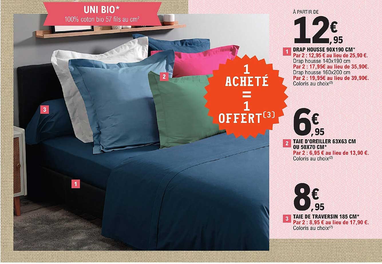 drap housse 90x190 cm taie d'oreiller 63x63 cm ou 50x70 cm taie de traversin 185 cm