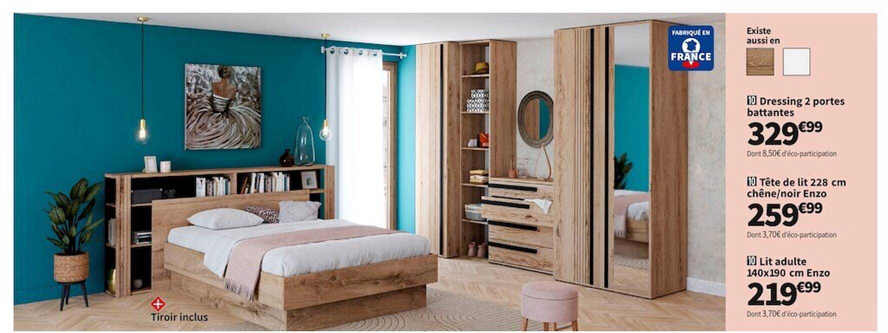 dressing 2 portes battantes, tête de lit 228 cm chêne/noir enzo, lit adulte 140 x 190 cm enzo