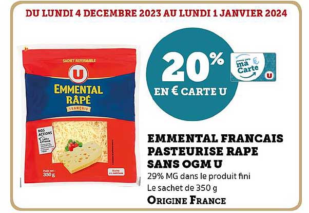 emmental français pasteurisé râpé sans ogm u