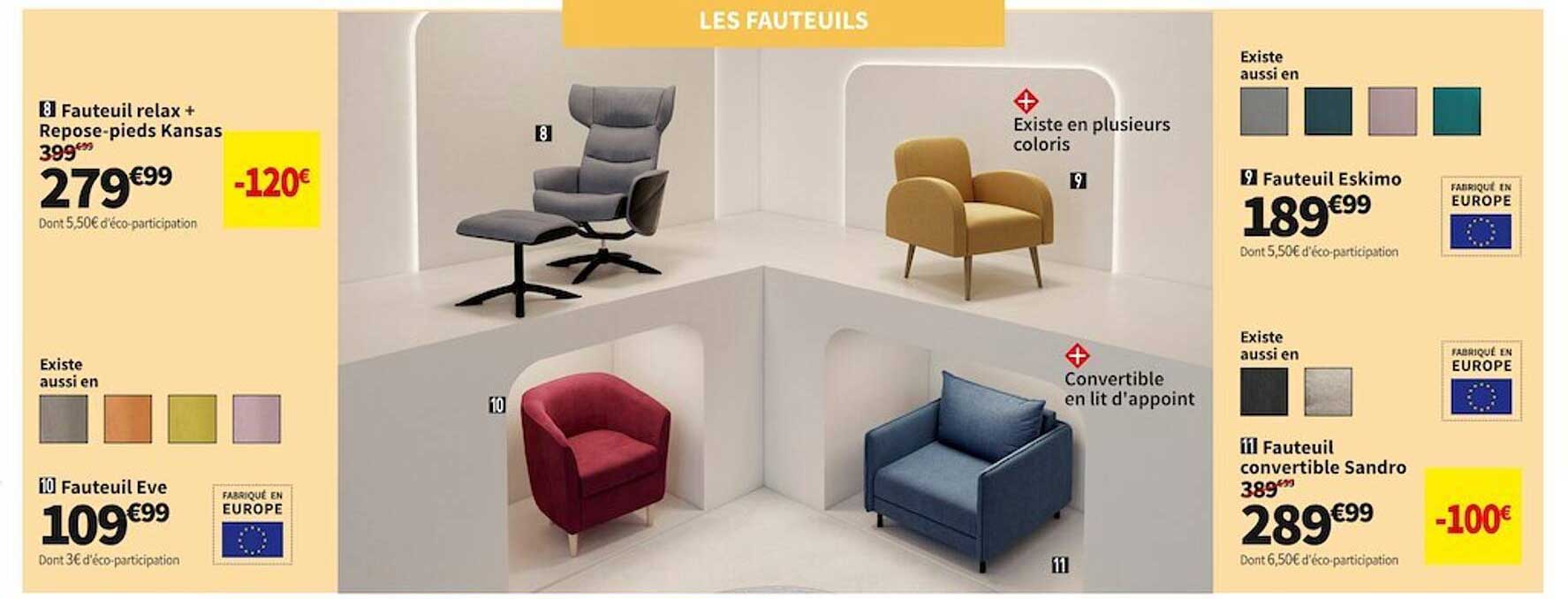 fauteuil relax + repose-pieds kansas, fauteuil eve, fauteuil eskimo, fauteuil convertible sandro