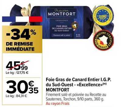 foie gras de canard entier i.g.p. du sud-ouest - «excellence» montfort