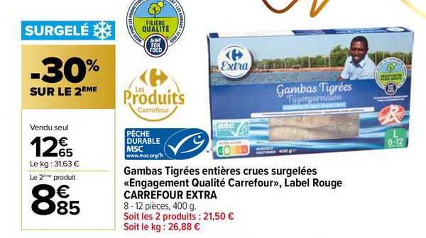 gambas tigrées entières crues surgelées «engagement qualité carrefour», label rouge carrefour extra